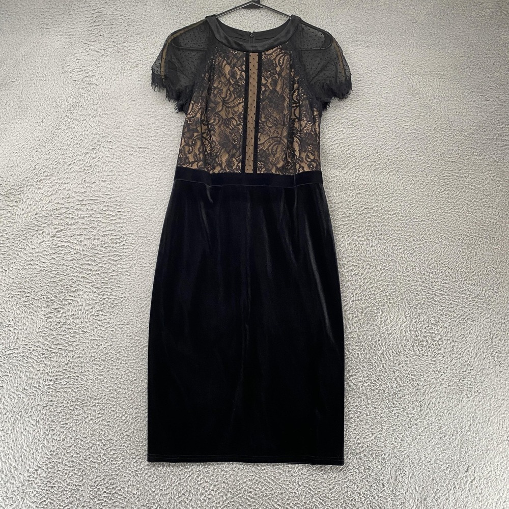 Tadashi Shoji Dress Womens 8 Black Lace Velvet Sheath Midi Party Cocktail Glam